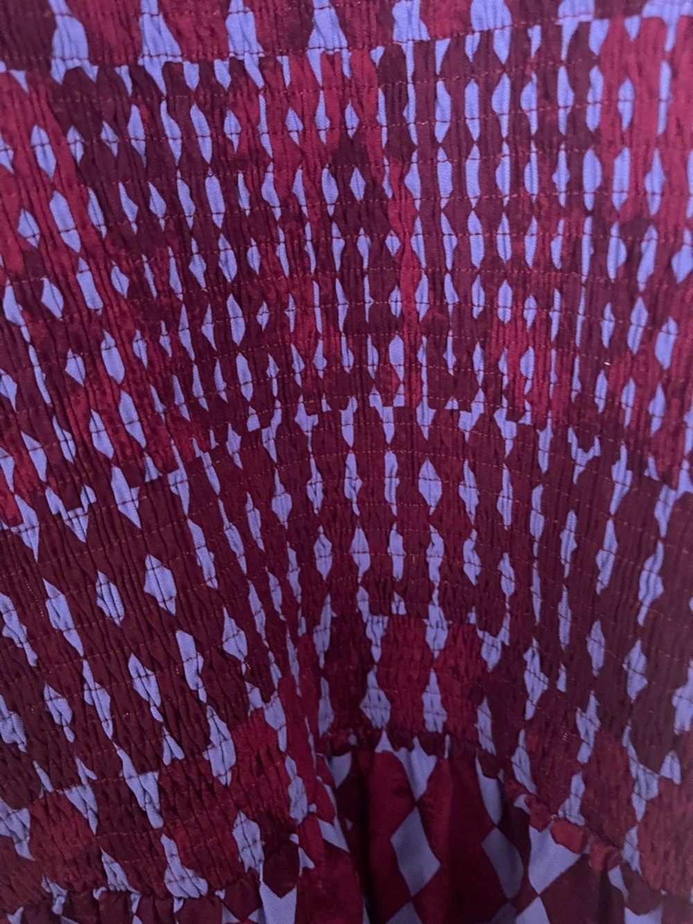 NWOT...Sugarlips Burgundy and Periwinkle Geometric Smocked Mini Dress - Picture 4 of 7